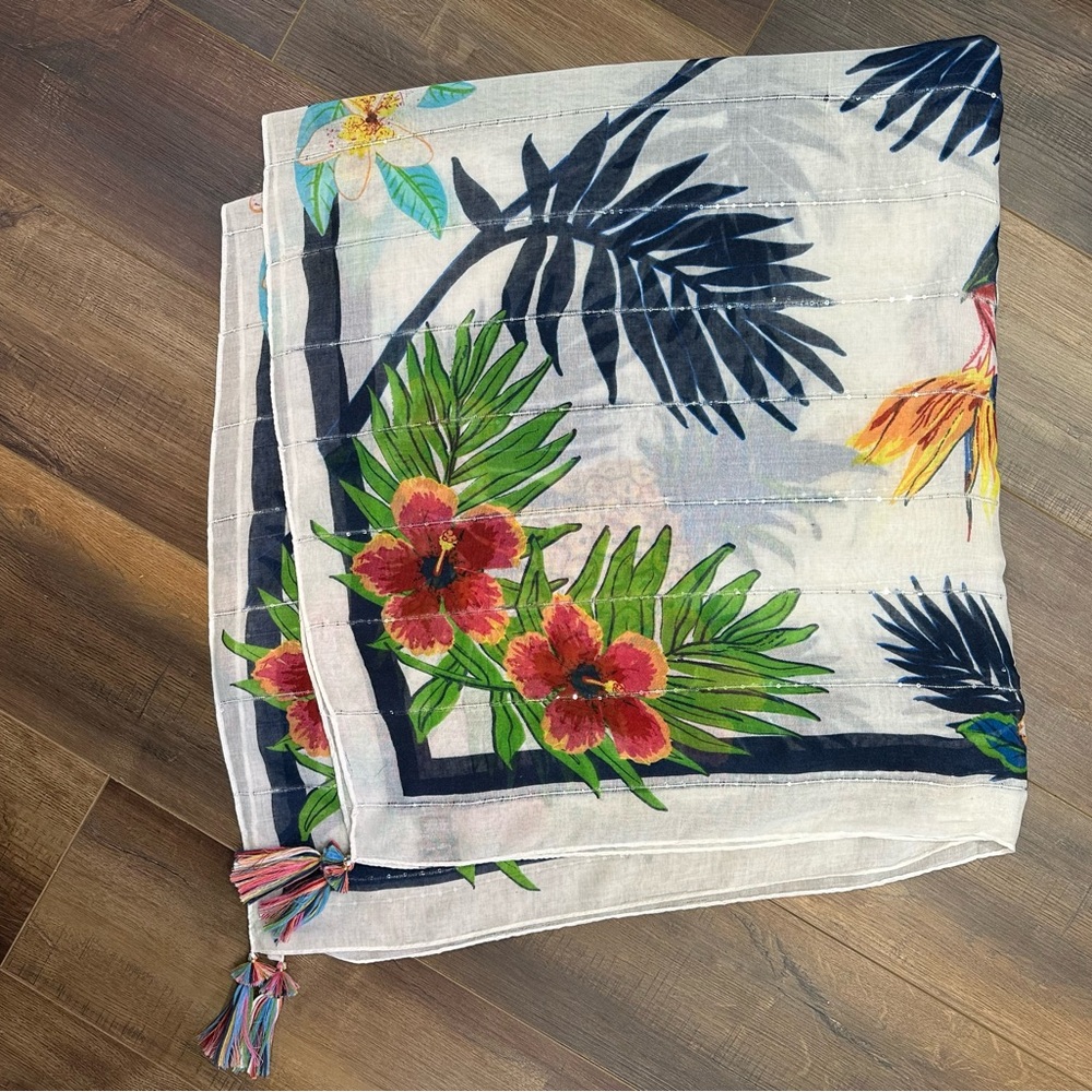 Cejon Tropical Print 47”x45” Scarf with Tassels